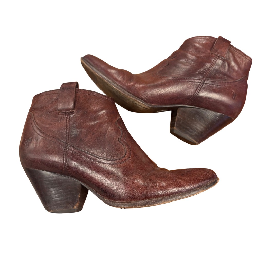Frye Women Eggplant Brown Leather Western Ankle Boots Reina Pointed Toe 8m asis
